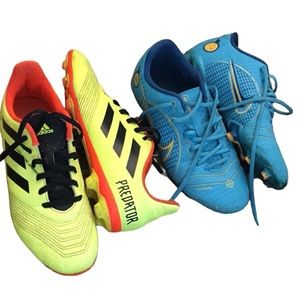 Nike and adidas boy soccer cleats neon green and blue orange